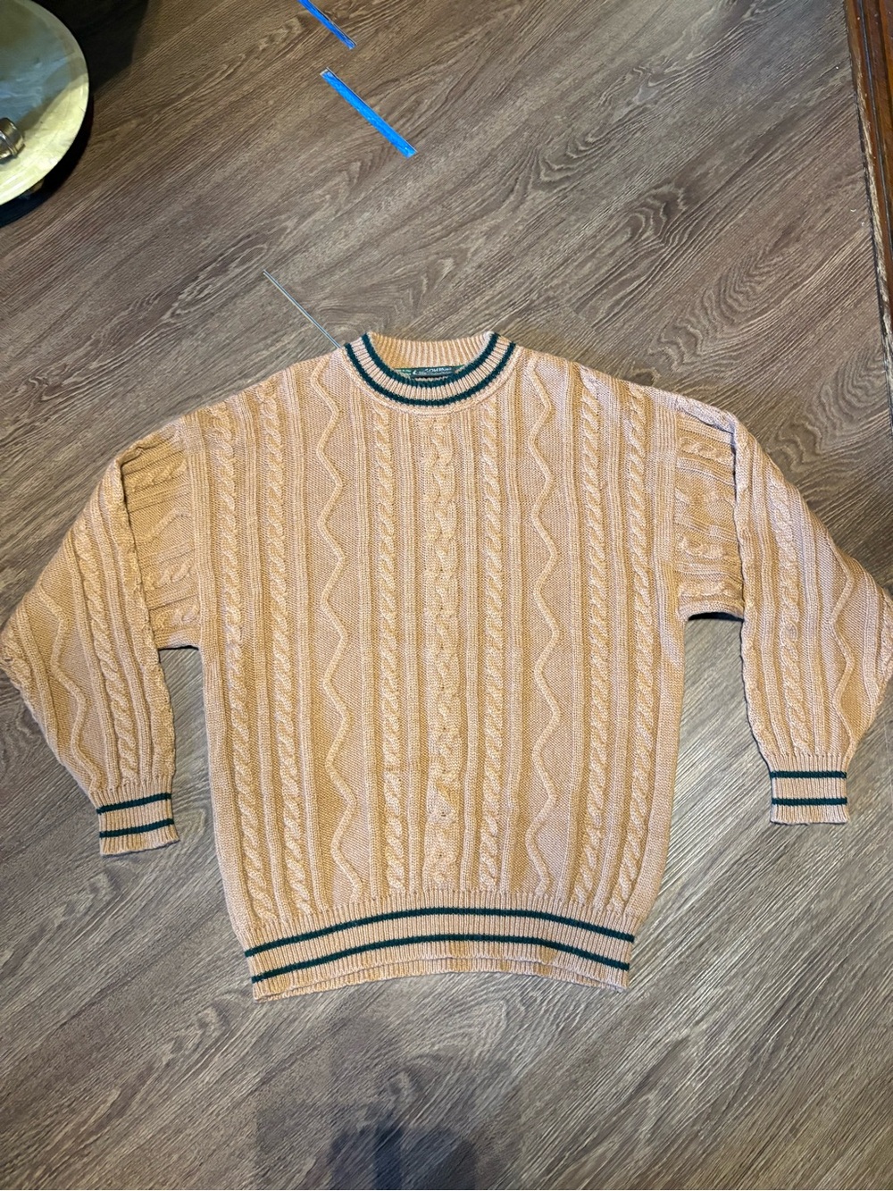 Men's Peach Cable Knit Crewneck Sweater with Green Trim